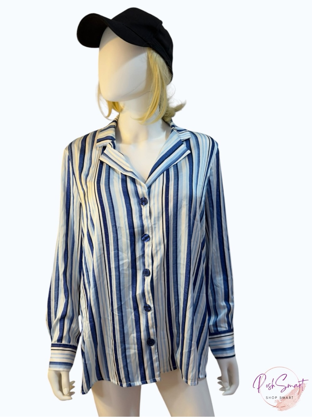 Como Black Striped Satin Button Down Oversized Shirt Blue White | Size M